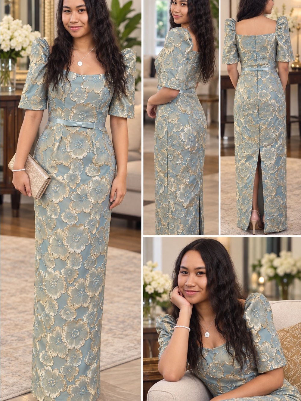 Elegant Blue-Gold Floral Jacquard Evening Dress - 3-D Floral Filipiniana